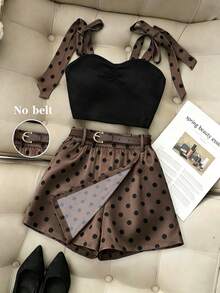 SHEIN Franclia 女款圓點印花肩結細肩帶上衣與裙褲兩件套 - 棕色 - 查看 3