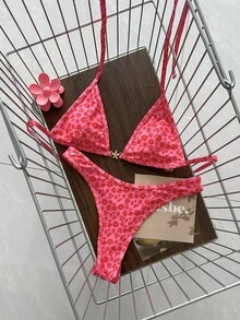 Swim Vcay 春夏季純色三角掛脖露背綁帶上衣與比基尼泳褲女款海灘度假性感兩件式泳衣套裝 - 玫紅色 - 查看 1