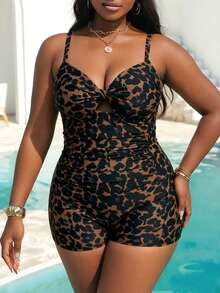 Slaydiva Traje de baño de una pieza de talla grande para mujer de unicolor con frente retorcido, detalle fruncido y Bottom tipo boyleg para vacaciones - Multicolor - Ver 3