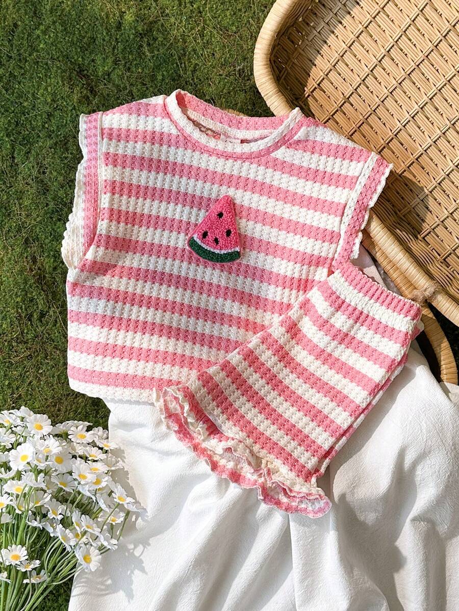 SHEIN Vintaside Kids 2件組女嬰幼童0-3歲春夏休閒日常度假套裝,粉杏色多彩條紋紋理圓領荷葉袖T恤與短褲,可愛島嶼海灘度假風 - 粉色 - 查看 1
