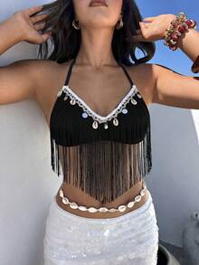 Aloruh Women's Vacation Shell Trim Tassel Design Fashion Sexy Halter Neck Tank Top - Black - View 4