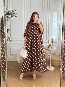 Al Najma Plus Size Women's Chiffon Flowy Round Neck 3/4 Sleeve Polka Dot Comfortable Elegant Romantic Arabian Dress - Coffee Brown - View 7
