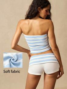 VARSIVA Damen Sommer Lässig Gestreiftes Bandeau Top Und Shorts 2er Set - Blau-Weiß - Übersicht 4