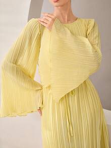 Graceveil Vestido Árabe Elegante Casual con Cintura Plisada Amarilla Suave para Invitado de Bautizo Formal de Invierno - Amarillo - Ver 2