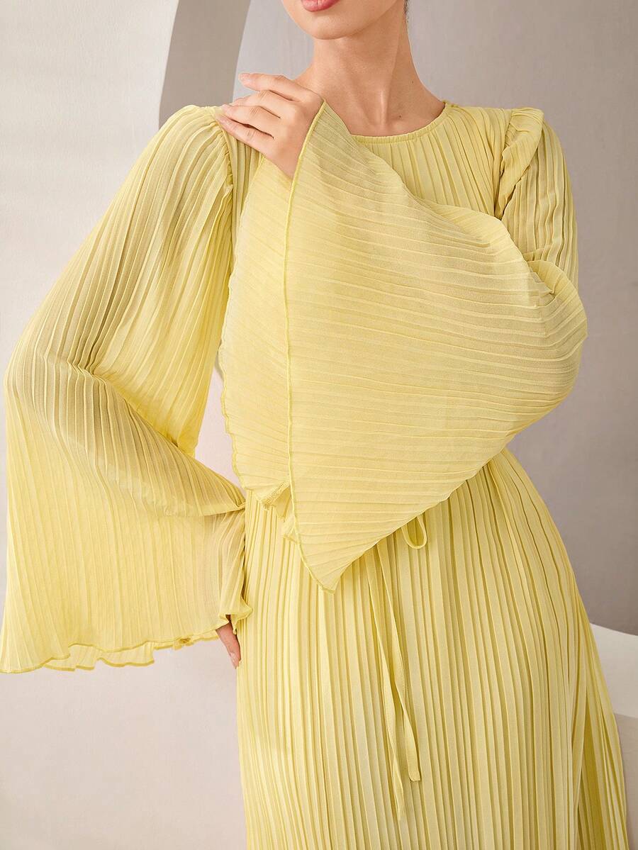 Graceveil Vestido Árabe Elegante Casual con Cintura Plisada Amarilla Suave para Invitado de Bautizo Formal de Invierno