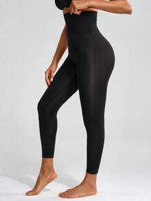 SHAPORA Solid Color High Waisted Tummy Control Pants - Black - View 3