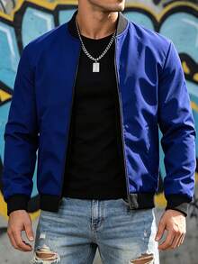 Manfinity Homme Men's Colorblock Long Sleeve Zipper Placket Casual Baseball Jacket - Blue - View 3
