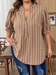 SHEIN CURVE+ Plus Size Women Casual Vacation Notched Collar All-Over Print Petal Sleeve Shirt Vacation White Summer - Khaki - View 7