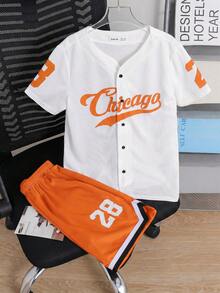 SHEIN Kids 2pcs/Set Tween Boy Casual Sports College Street Cute Vacation Cardigan With Letter Pattern Baseball - Orange - View 2