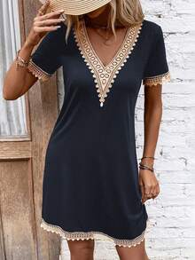SHEIN PETITE 女款時尚V領復古刺繡蕾絲短袖休閒寬鬆黑色夏季波西米亞風繫帶度假洋裝，適合音樂節，適合嬌小女性 - 藏蓝色 - 查看 3