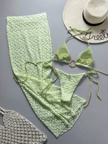 Bonvoyette 3pcs Spring/Summer Vacation Floral Textured Fabric Gold Asymmetrical Ring Decor Halter Triangle Bikini Top, Side Tie Bikini Bottoms & Sarong Sexy Women's Swimwear Set - Mint Green - View 2