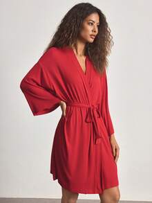 Ocili Comfortable Ribbed Soft & Smooth Cotton Robe, Women Sleepwear Loungewear - Red - View 6