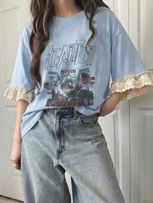 FRIFUL Kaos Wanita Kasual Longgar dengan Motif Huruf dan Patchwork Renda, Campuran Katun yang Bernapas, Serbaguna untuk Musim Semi/Panas. - Biru - View 7
