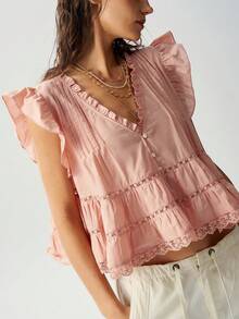 Bohemela Women's Summer Pink Woven Babydoll V-Neck Blouse,Ruffle + Lace Patchwork,Beach/Vacation/Festival/Party,Juneteenth,World Cup - Baby Pink - View 3