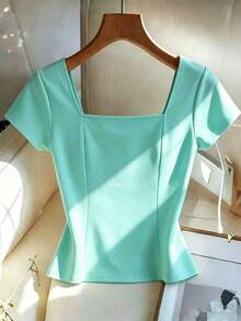Franclia Plus Size Summer Casual Elegant Versatile Solid Color Short Sleeve T-Shirt Office Mint Green - Mint Green - View 2