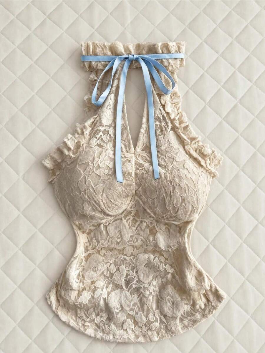 Elamini 春夏秋白色針織提花花卉性感優雅時尚鏤空無袖露肩荷葉邊黑色蝴蝶結腰部抓皺黑白對比色女款背心上衣 - 卡其色 - 查看 1