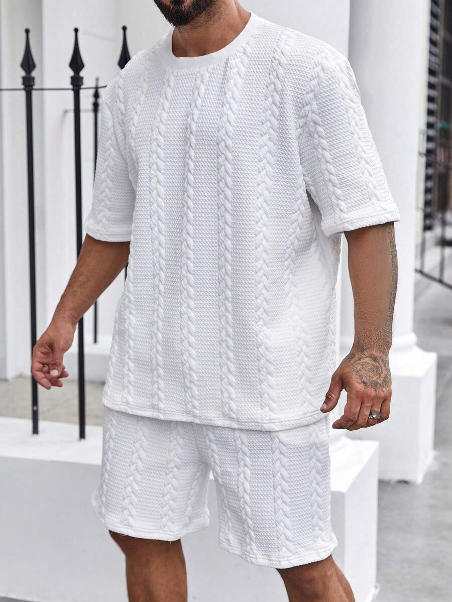 EGENSIO Plus Size Men's Textured Short Sleeve T-Shirt And Shorts Casual Set - White - View 1