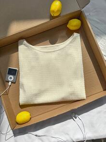 SHEIN EZwear 大码女式夏季纹理面料T恤，弹力度假风T恤 - 米色 - 查看 6