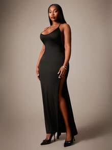 SHEIN SXY Robe sexy grande taille pour femme, couleur unie, dos nu, fente latérale à l'ourlet, col licou - Noir - Voir 6