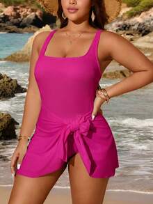 Swim Lushoire Plus Size Solid Color Beach Swim Dress - Hot Pink - View 5