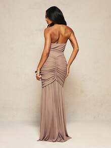 MISSGUIDED X Carli Bybel Halter Neck Ruched Maxi Dress With Extreme Gathered Skirt Detail Open Back Formal Evening Gown - Brown - View 3