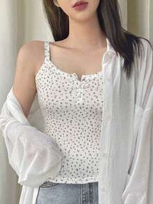 DAZY 女款碎花鈕扣設計休閒細肩帶背心上衣 夏季 - 白色 - 查看 5