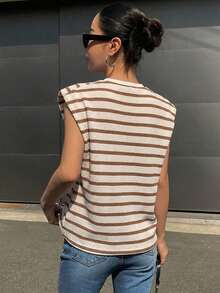 DAZY 條紋圓領無袖墊肩女款夏季T恤 - 卡其色 - 查看 2
