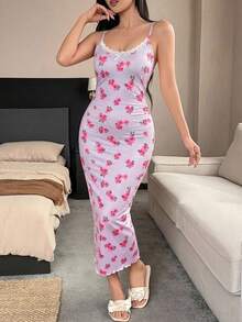 DAZY Charming Floral Print Ruched Fitted Long Dress Women's Nightgown Summer Pajamas - Purple - View 6