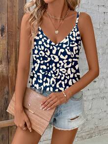 SHEIN Clasi Casual Minimalist Deep Blue Background Apricot Leopard Print All-Over Pattern V-Neck Loose Camisole Suitable For Summer Versatile Style Tank Top - Multicolor - View 6