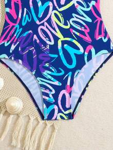 SHEIN 青少年女孩字母愛心印花連身泳衣，適合海邊度假、泳池派對、海邊派對 - 彩色 - 查看 3