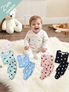 (Random 5pcs 2) Set de pantalon lung cu piciorușe și body cu mânecă scurtă pentru nou-născuți, minimalist elegant, cu buline, în culorile hașma, bej, caisă, verde fasole, gri și albastru - Multicolor - Vizualizare 3