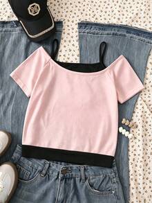 SHEIN 青少年女孩時尚休閒 2 合 1 街頭風 T-Shirt，這款 T-Shirt 適合打造時尚造型，正面印有貓咪圖案，露肩短袖設計，適合夏季娛樂與休閒活動、購物和拍照。 - 粉色 - 查看 2