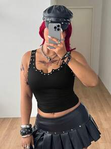 Coolane Women's Plus Summer Streetwear Sexy Going Out Concert Cocktail Goth Y2K Vintage Daily Wear Punk Rivet Stretchy Black Tank Tops - Black - View 5