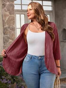 EMERY ROSE Plus Size Vacation Outfits Woman Solid Color Asymmetric Hem Casual Resort CostumeJacket Fall - Burgundy - View 7