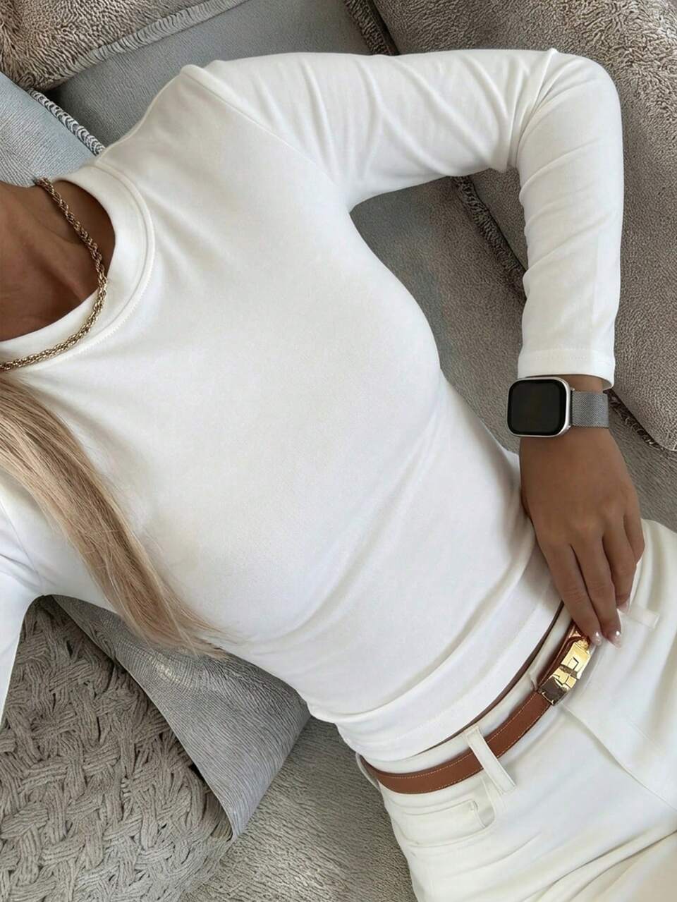 Women's Solid Color Slim Fit Versatile Daily Long Sleeve T-Shirt Office White Autumn Basics