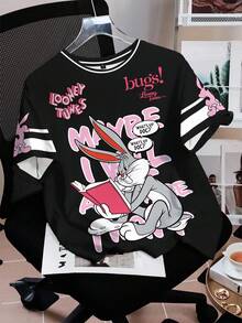 LOONEY TUNES X SHEIN 女式休闲时尚街头卡通兔子与口号图案撞色条纹短袖 T 恤，夏季 - 白色 - 查看 3