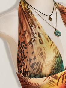 SHEIN ICON Plus Size Leopard Print Halter Neck Tie Waist Ruched Multi-Layered Tiered Mesh Dress - Multicolor - View 8