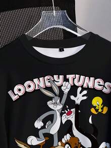 LOONEY TUNES X SHEIN Áo nỉ cổ tròn họa tiết hoạt hình và chữ cái thường ngày cho nam - trắng - Xem 4