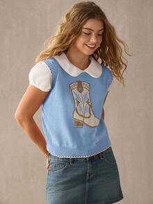 WESTFADE Cowboy Boot Contrast Stitch Sweater Vest Tops, 4th Of July, Country Style For Women - Baby Blue - View 4
