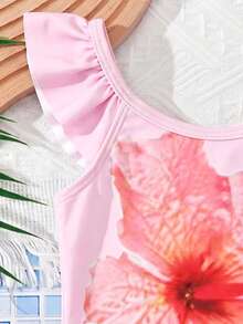 SHEIN 女嬰花卉印花圓領荷葉袖可愛泳衣 - 粉色 - 查看 3