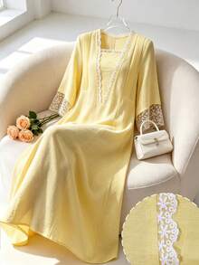 Yasmyna Romantic Lace Patchwork Ruffle Long Sleeve Loose Flowy Slimming Elegant Lady Date Dress - Yellow - View 4
