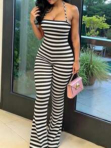 INAWLY Women's Striped Casual Halter Neck Fitted Flare Jumpsuit - Multicolor - View 1