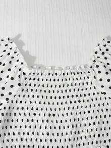 SHEIN 女童甜美度假風經典圓點印花泡泡袖洋裝，舒適面料具自然蓬鬆感與垂墜度，A字版型大裙擺修飾身形顯瘦，適合各種身型，無論度假、通勤或派對穿著皆能輕鬆打造活力青春造型，春夏吸睛穿搭首選 - 白色 - 查看 5