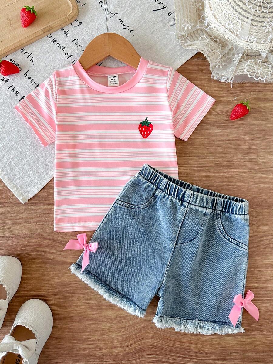 SHEIN 女嬰櫻桃印花對比滾邊短袖T恤上衣搭配時尚刺繡圖案短褲套裝 - 粉色 - 查看 1