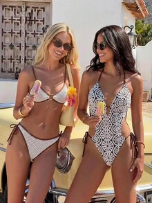 Bonvoyette Women's Summer Beach Swimming Vacation Solid Color Textured Fabric Metal Decor Tie-Up Sexy Swimwear Set White - Apricot - View 3