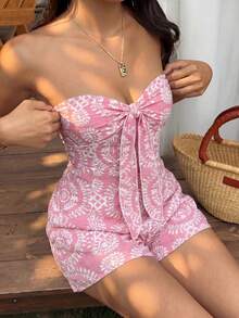 Mono de playa para mujer estilo vacaciones primavera/verano, bandeau, cintura ceñida, fruncido, estampado, nudo cruzado, pernera ancha, pantalones cortos - Rosa - Ver 4
