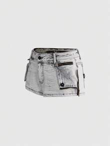 ROMWE Grunge Punk Y2K 千禧辣妹骷髏刺繡十字鉚釘超低腰女款牛仔短褲 - 白色 - 查看 5