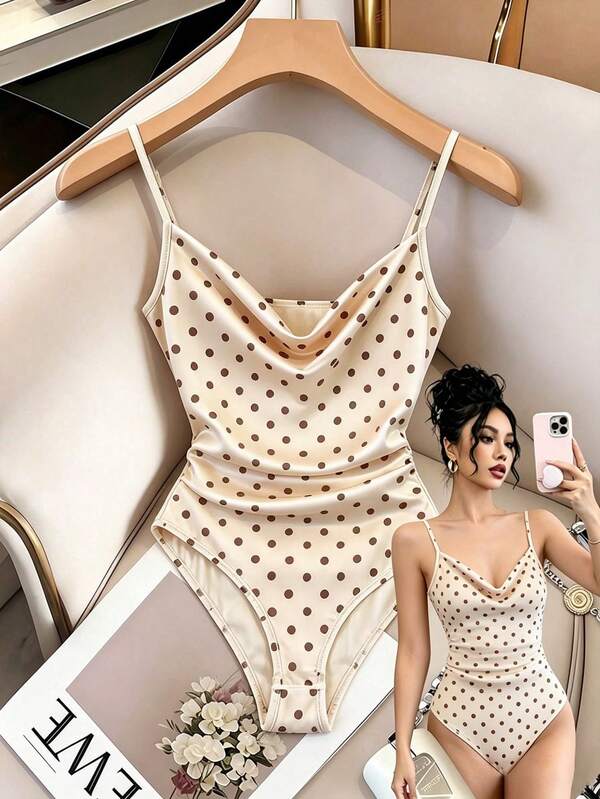 SHEIN Franclia Bộ đồ liền thân thanh lịch, thoải mái, cổ chữ V, dây mảnh, thiết kế nhún eo, họa tiết chấm bi cổ điển, chất liệu vải mềm mại, phù hợp cho mùa xuân, hè, thu và đông. Bộ đồ liền thân thanh lịch cho tiệc tùng, trang trọng, công sở, kỳ nghỉ, bãi biển, thường ngày, hẹn hò, mặc hàng ngày.
