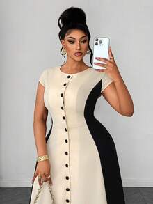 Maweii Spring Summer Autumn Casual Vacation Minimalist Elegant Sophisticated Elegant Fashion Niche Design New Must-Have Daily Essential Daily Outfit Commute Business Black Apricot Waist-Defining Slimming Office High-End Asymmetrical Handkerchief Hem Plus Size Women's Dress - Multicolor - View 3