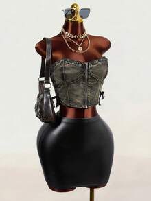 SHEIN Women's Summer Sexy Criss-Cross Tie Straps Cropped Tube Denim Top Club Night Green - Black - View 7